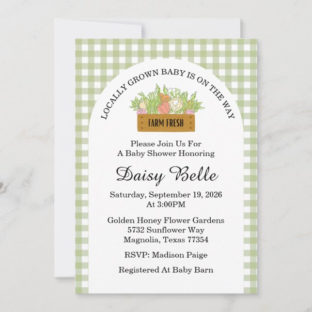 Lokalt odlat Baby är på väg att bli en babyskor Inbjudningar (Framsida)