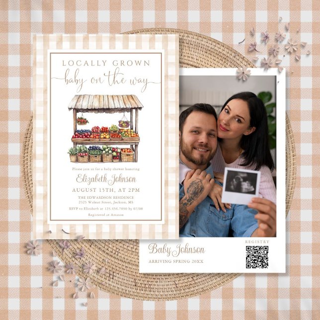Lokalt Odlat Neutralt Bebis Shower Foto QR-kod Inbjudningar (Locally Grown Neutral Baby Shower Photo QR Code Invitation)