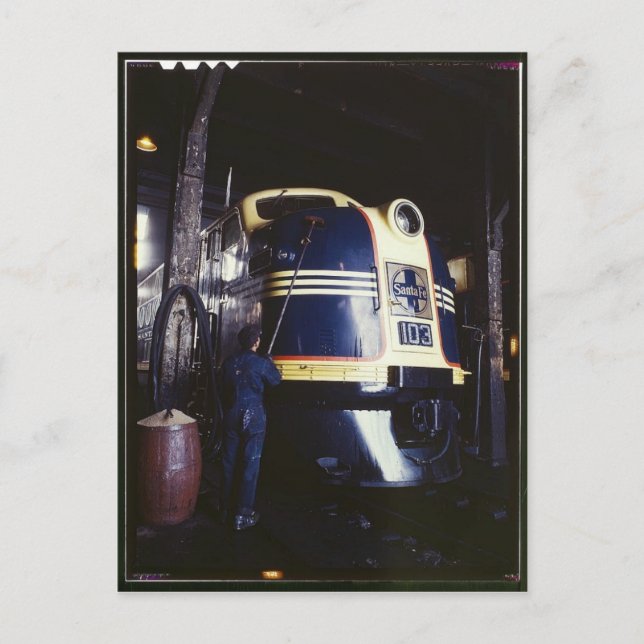 Lokomotiv tvättande 1939 vykort (Framsida)