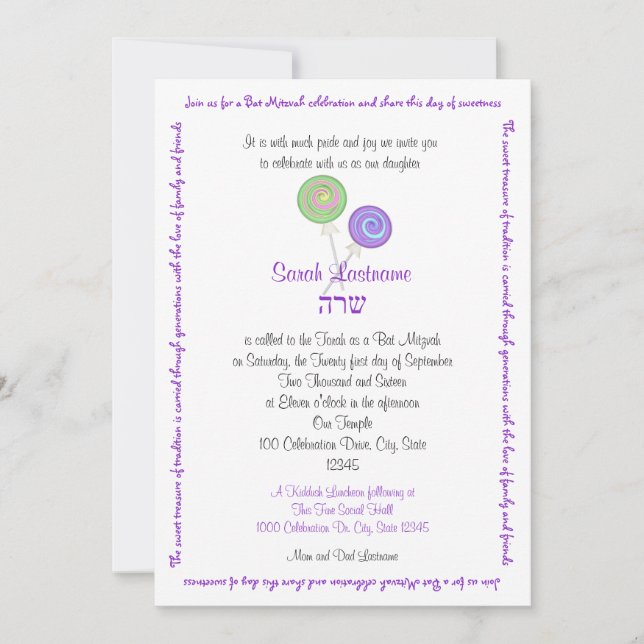 Lollipop Candy Bat mitzvah Lavender Inbjudningar (Framsida)