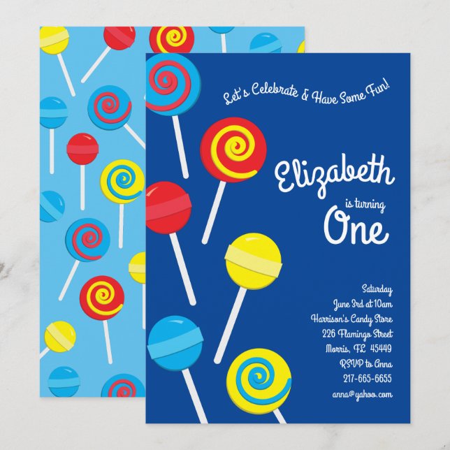 Lollipop Candy Kids 1:a födelsedagen Party Inbjudningar (Fram/baksida)