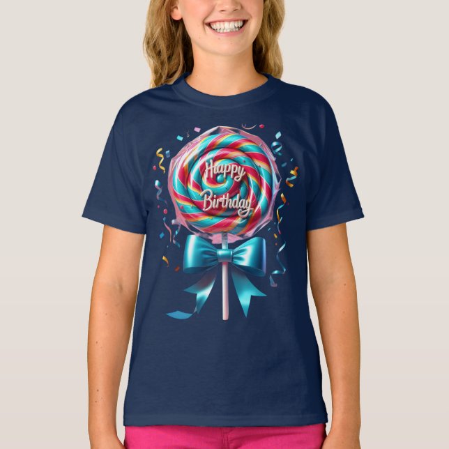 Lollipop med turkos Bow och Streamers T Shirt (Framsida)