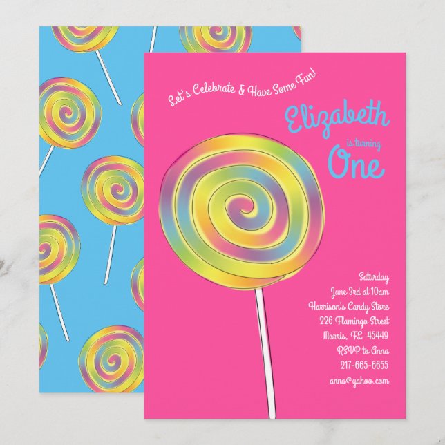 Lollipop Rainbow Candy Kids 1:a födelsedagen Party Inbjudningar (Fram/baksida)