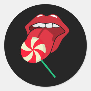 Lollipop Red läppar. Smakerigodis i form av läpp Runt Klistermärke