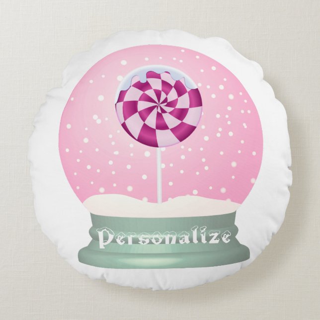 Lollipop snö globe söt rosa tjej vintertid rund kudde (Framsidan)