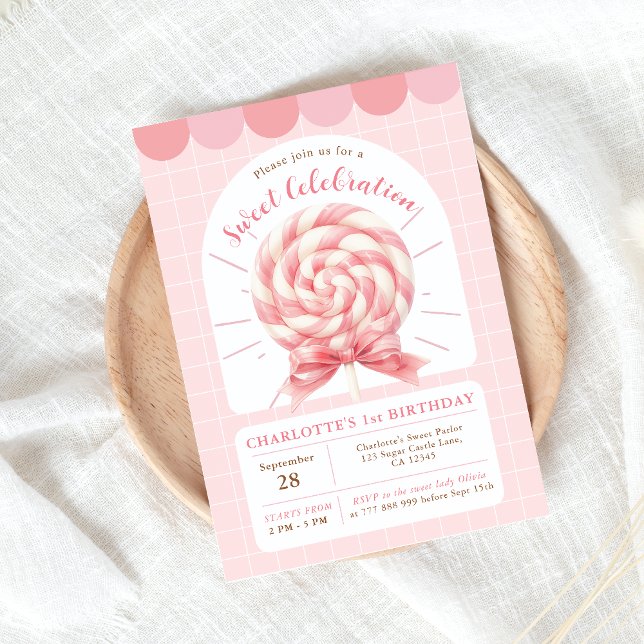 Lollipop Sweet Shop Rosa Birthday-inbjudan Inbjudningar (Skapare uppladdad)