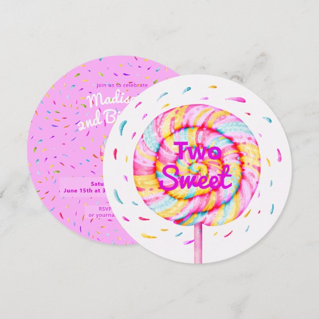 Lollipop Two Sweet Candy Caramel Droppar Rosa Inbjudningar (Fram/baksida)