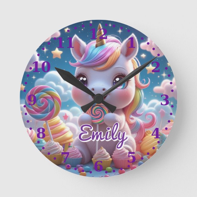 Lollipop Unicorn Wall Clock - redigerbart Namn Rund Klocka (Framsida)