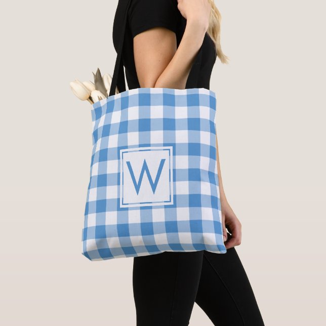 Lolly Monogram Light Blue White Gingham Mönster Tygkasse (Närbild)