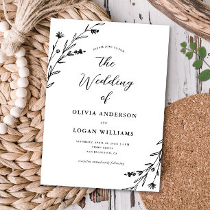 Lolly Rustic Black White Wildblomma Boho Bröllop Inbjudningar