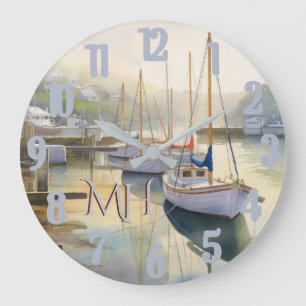 Lolly Watercolor Nautical Sailing Monogram Stor Klocka