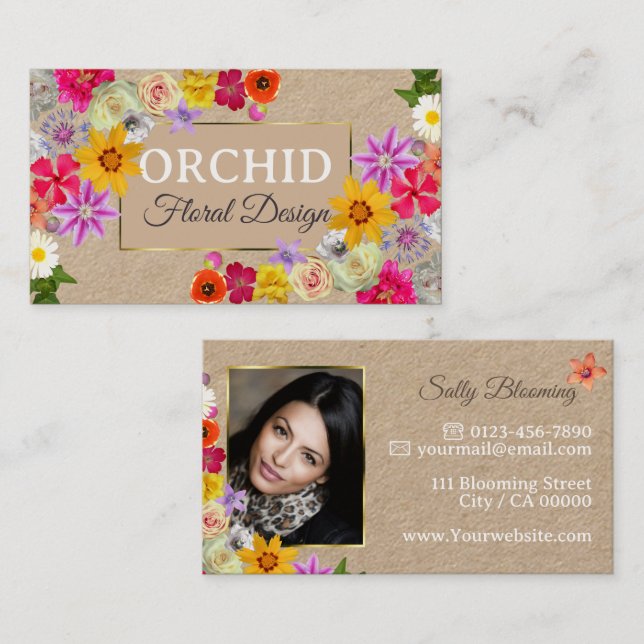 Lolly Wildblommor Elegant Guld Beige med Photo Visitkort (Fram/baksida)