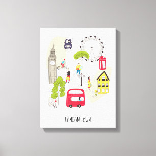 London Artsy Karta Tecknad Landmarks People Canvastryck