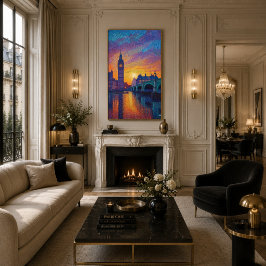 London Big Ben Pointillism Siluett Solnedgång Kons Poster