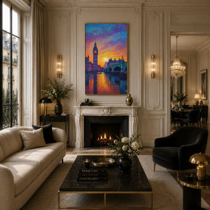 London Big Ben Pointillism Siluett Solnedgång Kons Poster