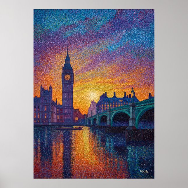 London Big Ben Pointillism Siluett Solnedgång Kons Poster (Framsidan)