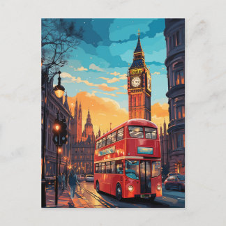 London Big Ben Röd Buss Solnedgång Akvarell Vykort