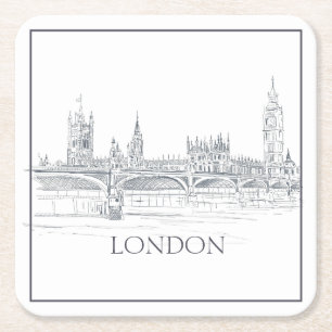 London Bridge Big Ben London Skyline Teckning Underlägg Papper Kvadrat
