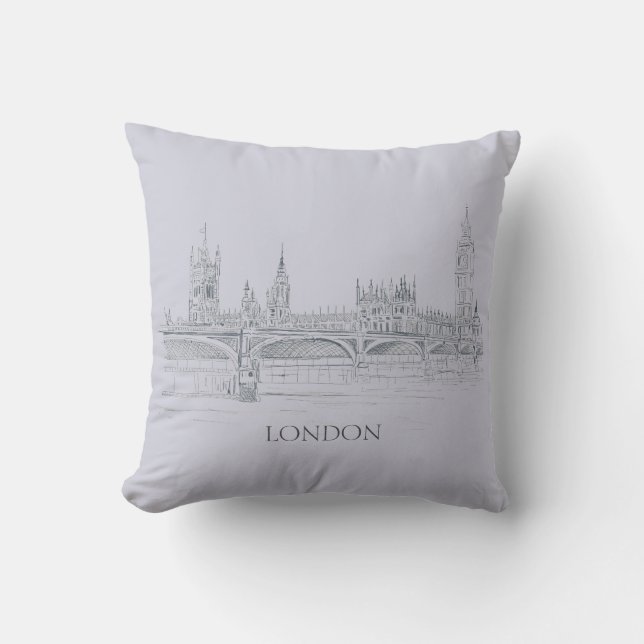 London Bridge Big Ben och Skyline Bläck Sketch Kudde (Framsida)