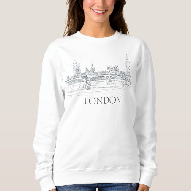 London Bridge Big Ben Skyline Pen och Bläck Sketch T Shirt (Framsida)