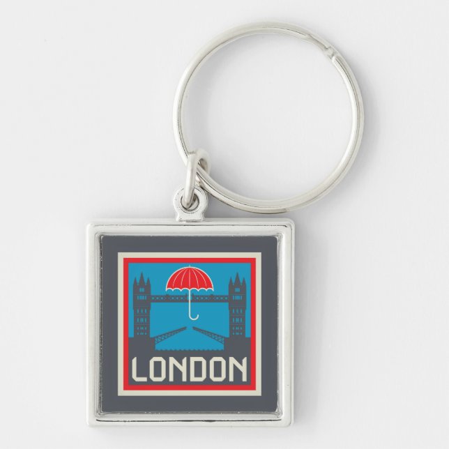 London Bridge med Umbrella Fyrkantig Silverfärgad Nyckelring (Framsidan)