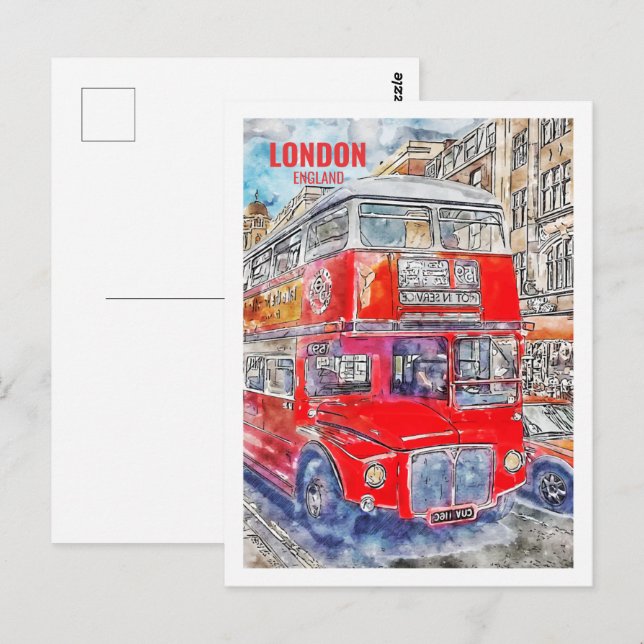 London Buss England Berömd Travel Ställe Watercolo Vykort (Fram/baksida)