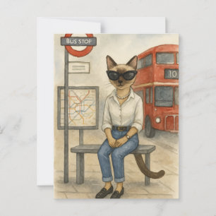 London Cat väntar på Dubbla Decker Buss i London Vykort