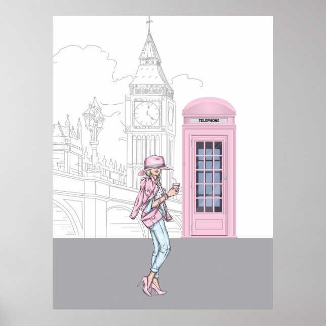 London City Girl med Rosa Mobil Box Kanvastryck Poster (Framsidan)