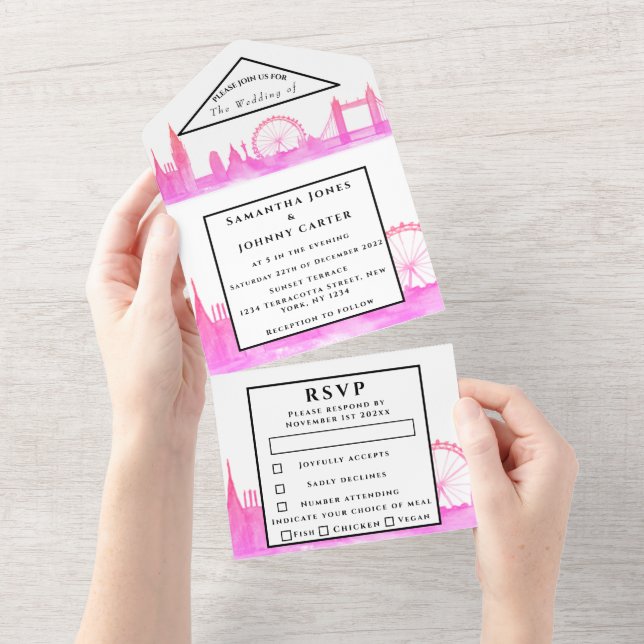 London City RSVP Akvarell Rosa Modern Bröllop (Avrivbar del)