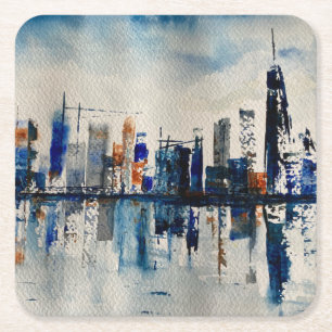 London City Skyline Abstrakt Målning Poster Plakat Underlägg Papper Kvadrat