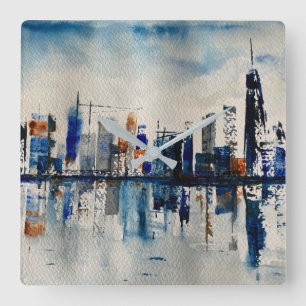London City Skyline Abstrakt Painting Poster Postc Fyrkantig Klocka