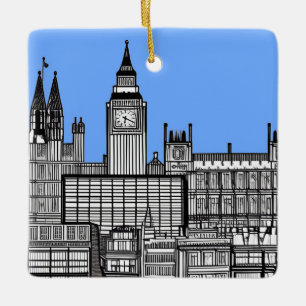 London Cityscape i Black and White med Blå himmel Julgransprydnad Keramik