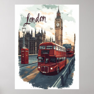 London Cityscape med Dubbla-Decker Buss & Big Ben Poster