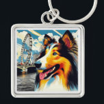 London Collie Fyrkantig Silverfärgad Nyckelring<br><div class="desc">Rough Collie in London.

Each purchase helps a collie in need.  To learn more about our organization please visit our website www.ColliesWithoutBorders.org</div>