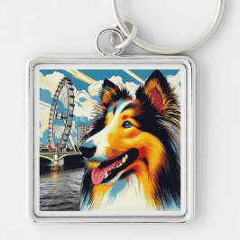 London Collie Fyrkantig Silverfärgad Nyckelring