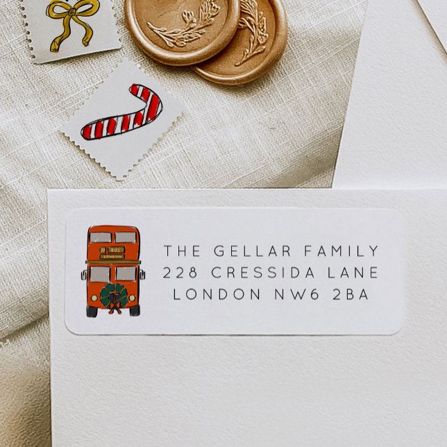 London Dubbla Decker Buss jul Returadress Returadress Etikett (London Double Decker Bus Christmas Return Address Label)