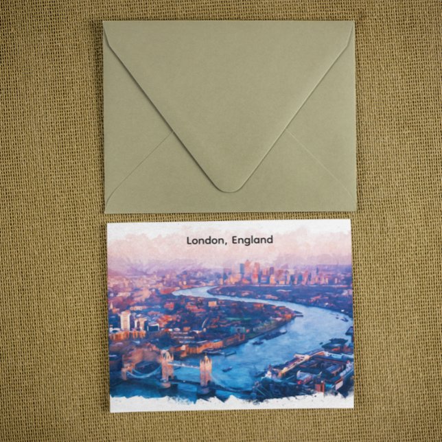 London England Akvarell Flygvy Stadssiluett Vykort (London England Watercolor Aerial Cityscape Postcard)