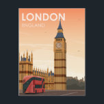 London England Big Ben vid Sunset Vintage resor Vykort<br><div class="desc">Retro London Englands reseaffisch illustrerar att en röd dubbla-decker buss kör förbi parlamentets hus vid solnedgången tillsammans med en syn på klockan torn,  känd som Big Ben. Den här vintagen kommer att återge minnen av klassiskt resor affischer från en gammal epok.</div>