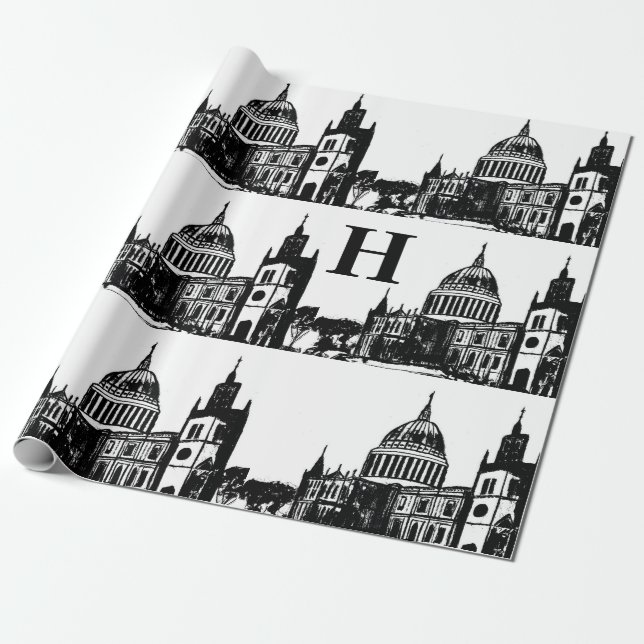 London England Elegant Black White Monogram Presentpapper (Utrullad)