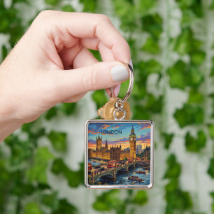London England Resa Konst Vintage Fyrkantig Silverfärgad Nyckelring