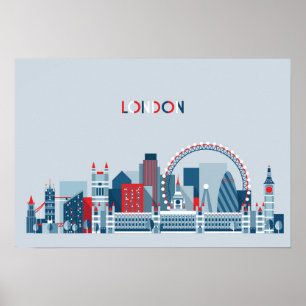 London, England Röd, vit och blå Skyline Poster