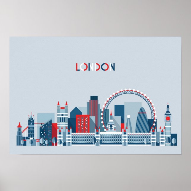 London, England | Röd, vit och blå Skyline Poster (Framsidan)