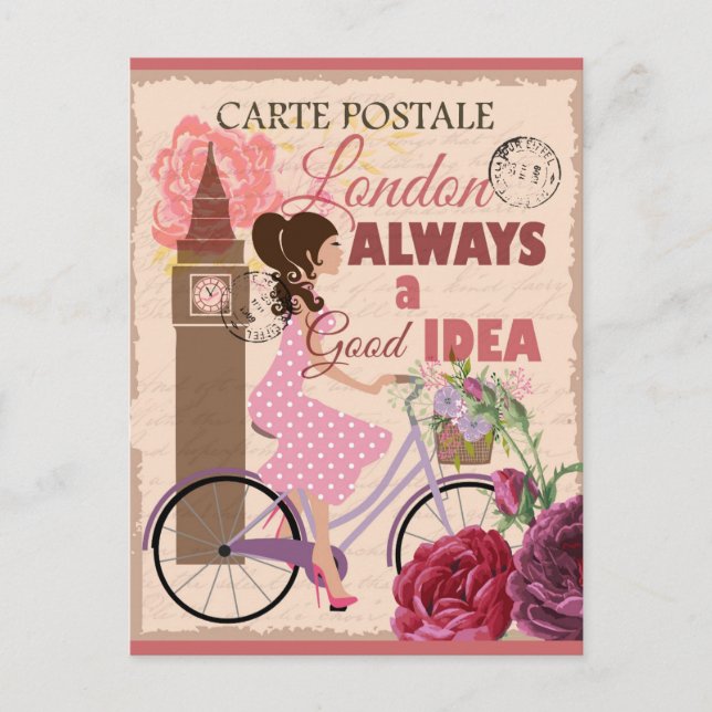London England Rosa Vintage resor Vykort (Framsida)