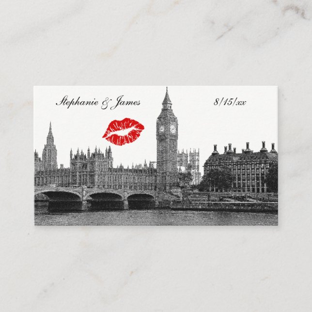 London England Skyline Kiss BW Escort Cards Placeringskort (Framsida)