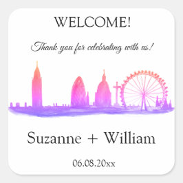 London England skyline Rosa Favors Bröllop Fyrkantigt Klistermärke