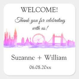 London England skyline Rosa Favors Bröllop Fyrkantigt Klistermärke