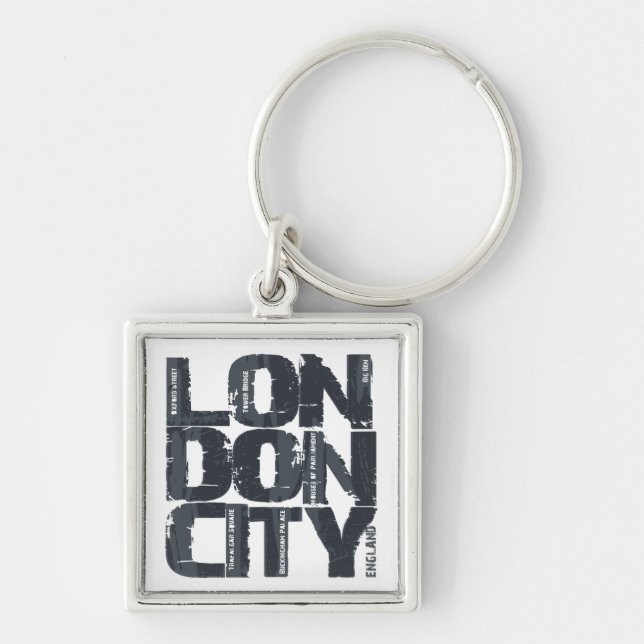 London England typografi Fyrkantig Silverfärgad Nyckelring (Framsidan)