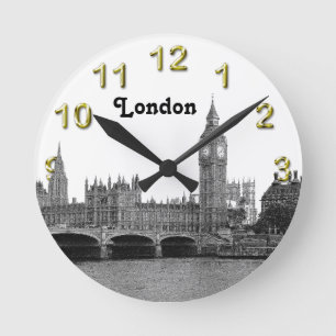 London England UK Skyline Etched Rund Klocka