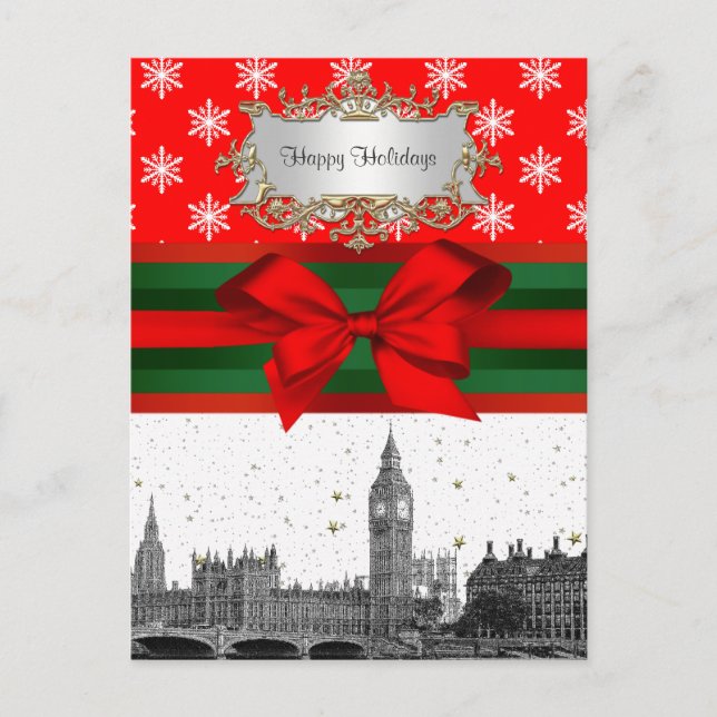 London England UK Skyline Red Snowflake Christmas Helg Vykort (Framsida)