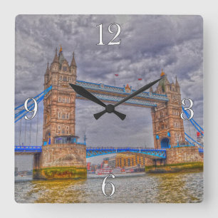 London, Englands Torn Bridge & Thames River Fyrkantig Klocka